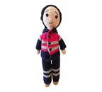 Suzie's Sunshine Dolls Miner/Tradie doll in pink hi-vis, navy pants, and striped cuffs. Handmade crochet doll.