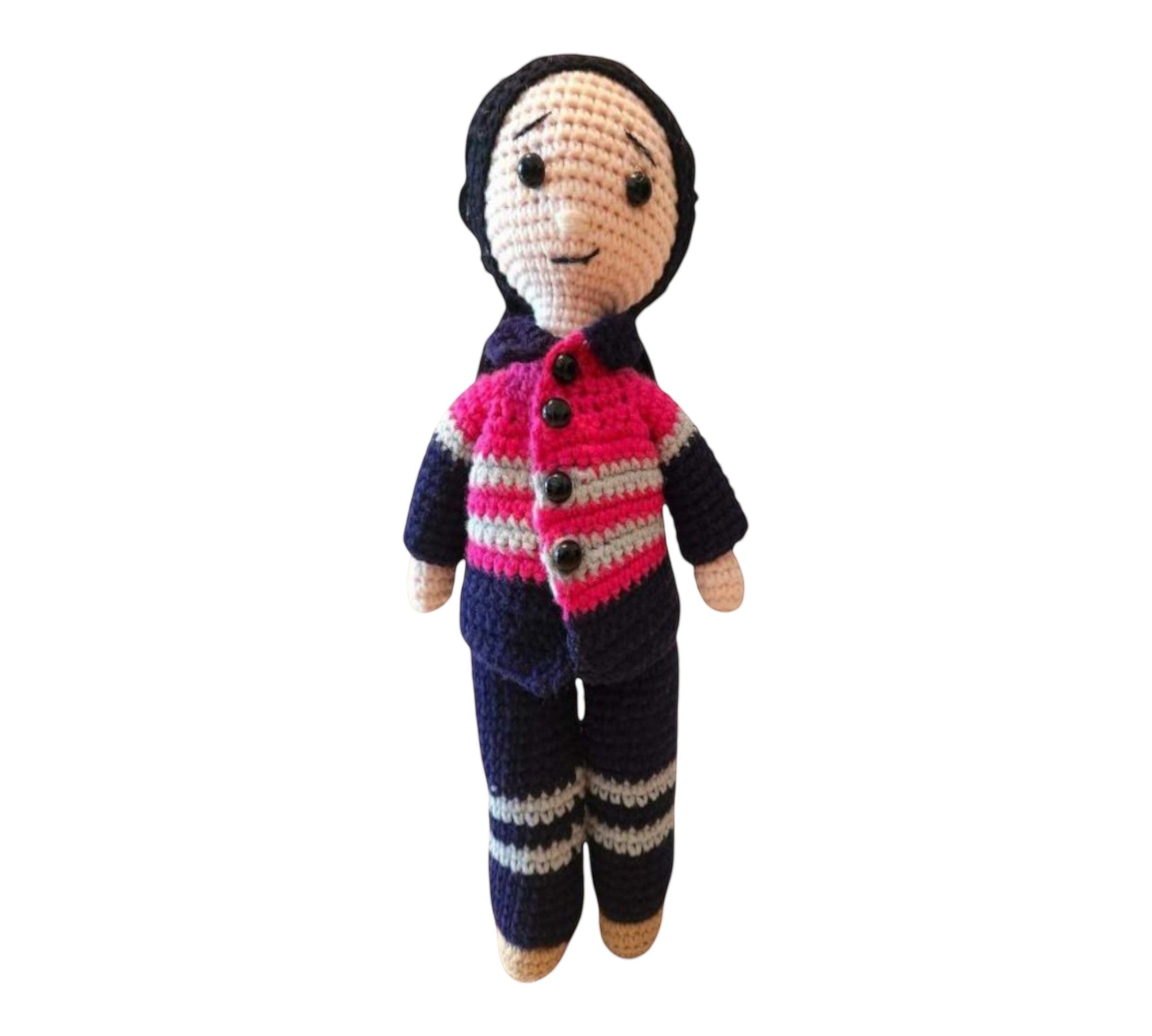 Suzie's Sunshine Dolls Miner/Tradie doll in pink hi-vis, navy pants, and striped cuffs. Handmade crochet doll.