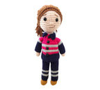 Suzie's Sunshine Dolls Miner/Tradie doll in pink hi-vis, navy pants, and striped sleeves. Handmade crochet.