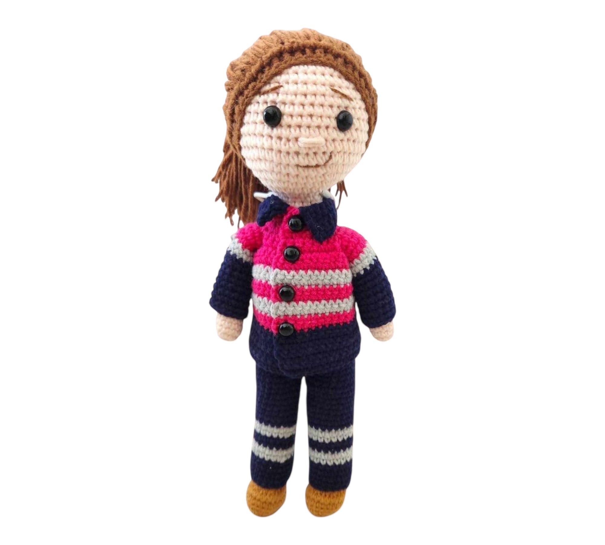 Suzie's Sunshine Dolls Miner/Tradie doll in pink hi-vis, navy pants, and striped sleeves. Handmade crochet.