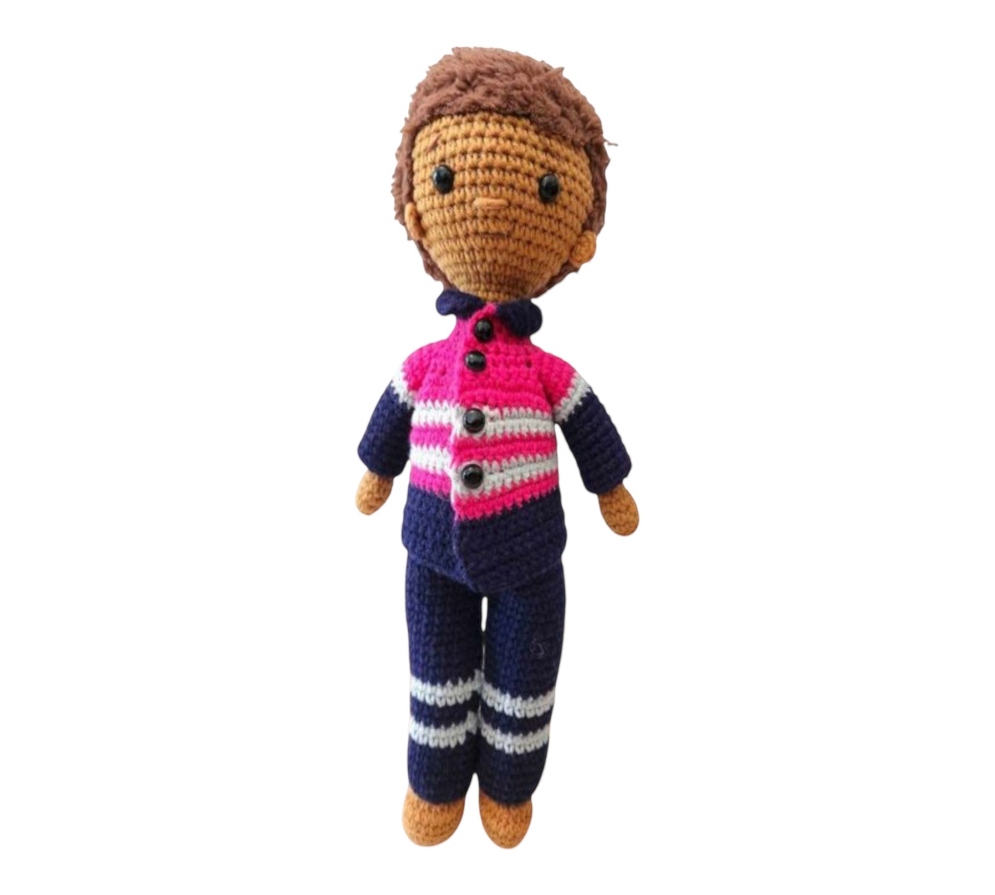 Suzie's Sunshine Dolls Miner/Tradie doll in pink hi-vis, navy pants, and striped cuffs. Handmade crochet.