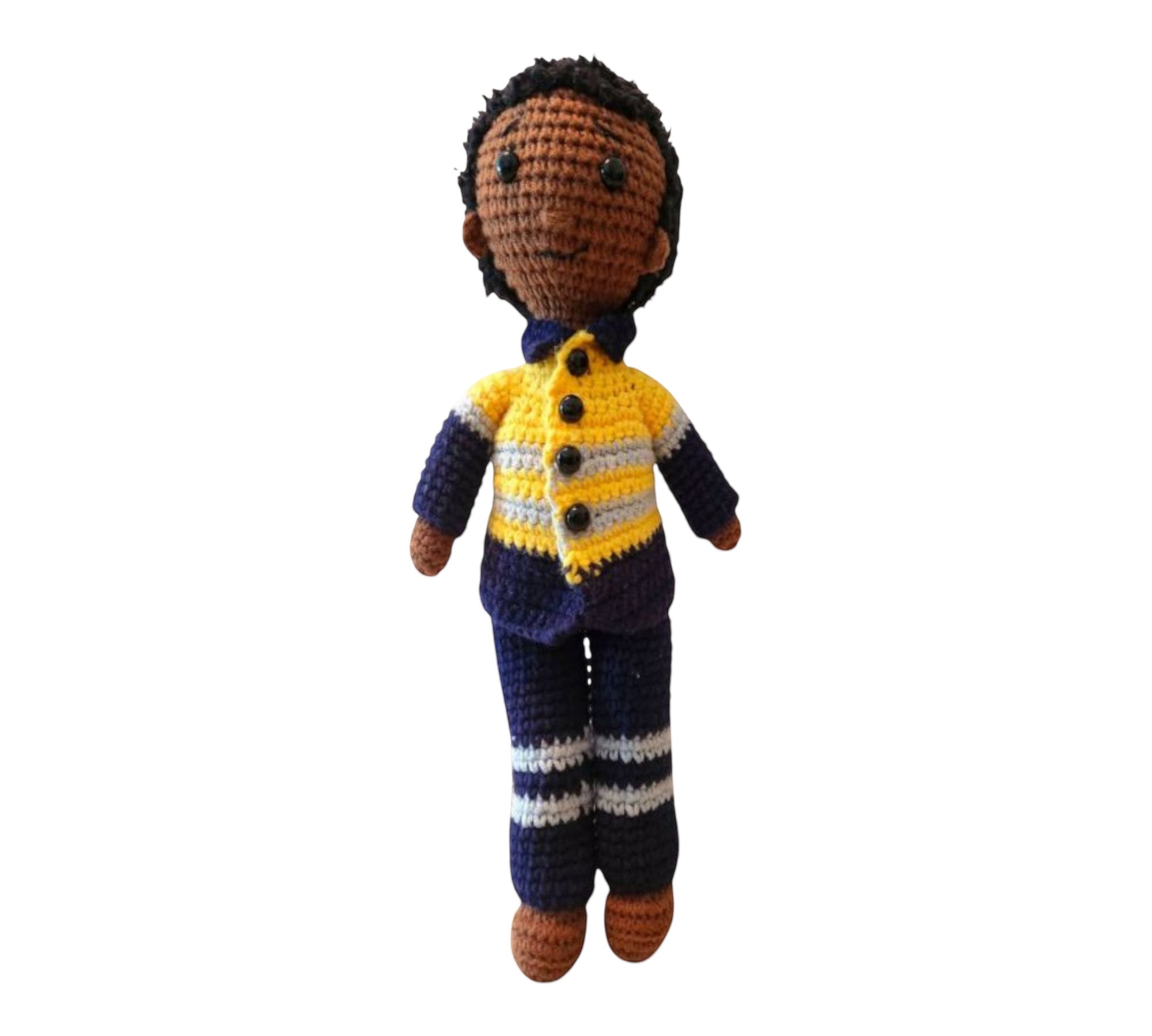 Suzie's Sunshine Dolls Miner/Tradie doll in yellow hi-vis jacket and navy pants, crocheted by hand.
