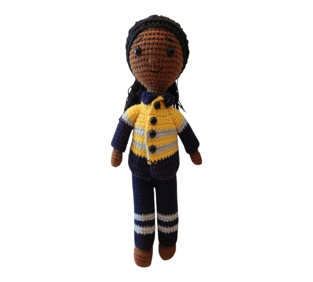 Suzie's Sunshine Dolls Miner/Tradie doll in yellow hi-vis jacket and navy pants, crocheted by hand.