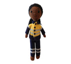 Suzie's Sunshine Dolls Miner/Tradie doll in yellow hi-vis jacket and navy pants, crocheted by hand.