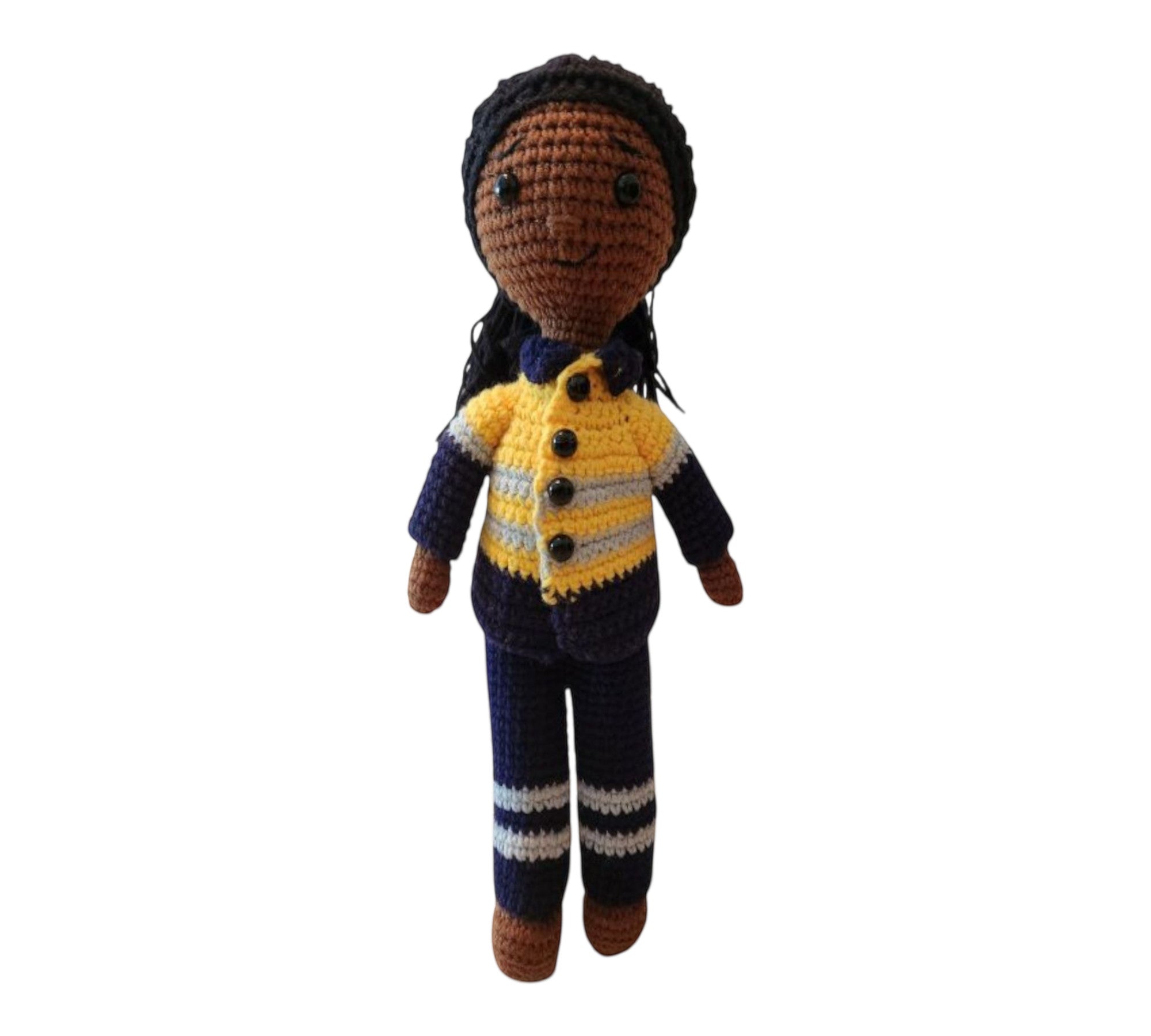 Suzie's Sunshine Dolls Miner/Tradie doll in yellow hi-vis jacket and navy pants, crocheted by hand.