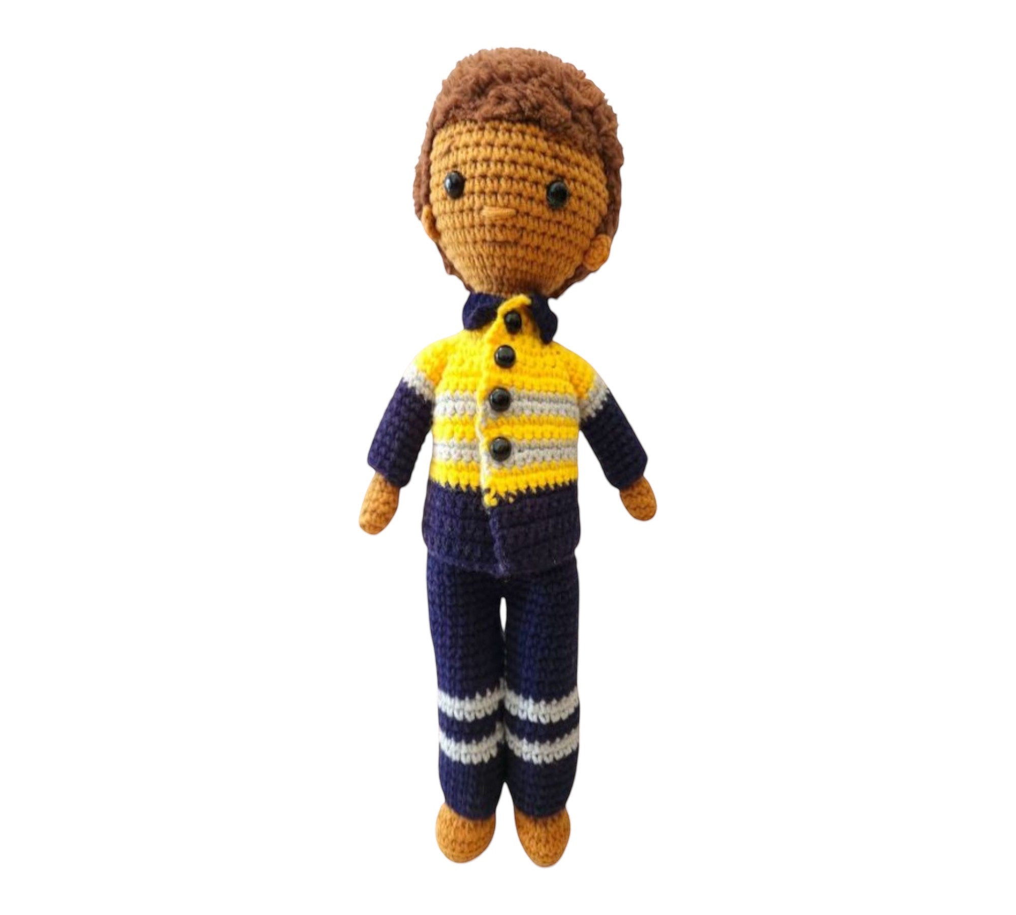 Suzie's Sunshine Dolls Miner/Tradie doll in yellow hi-vis, navy pants, and grey stripes. Handmade crocheted toy.