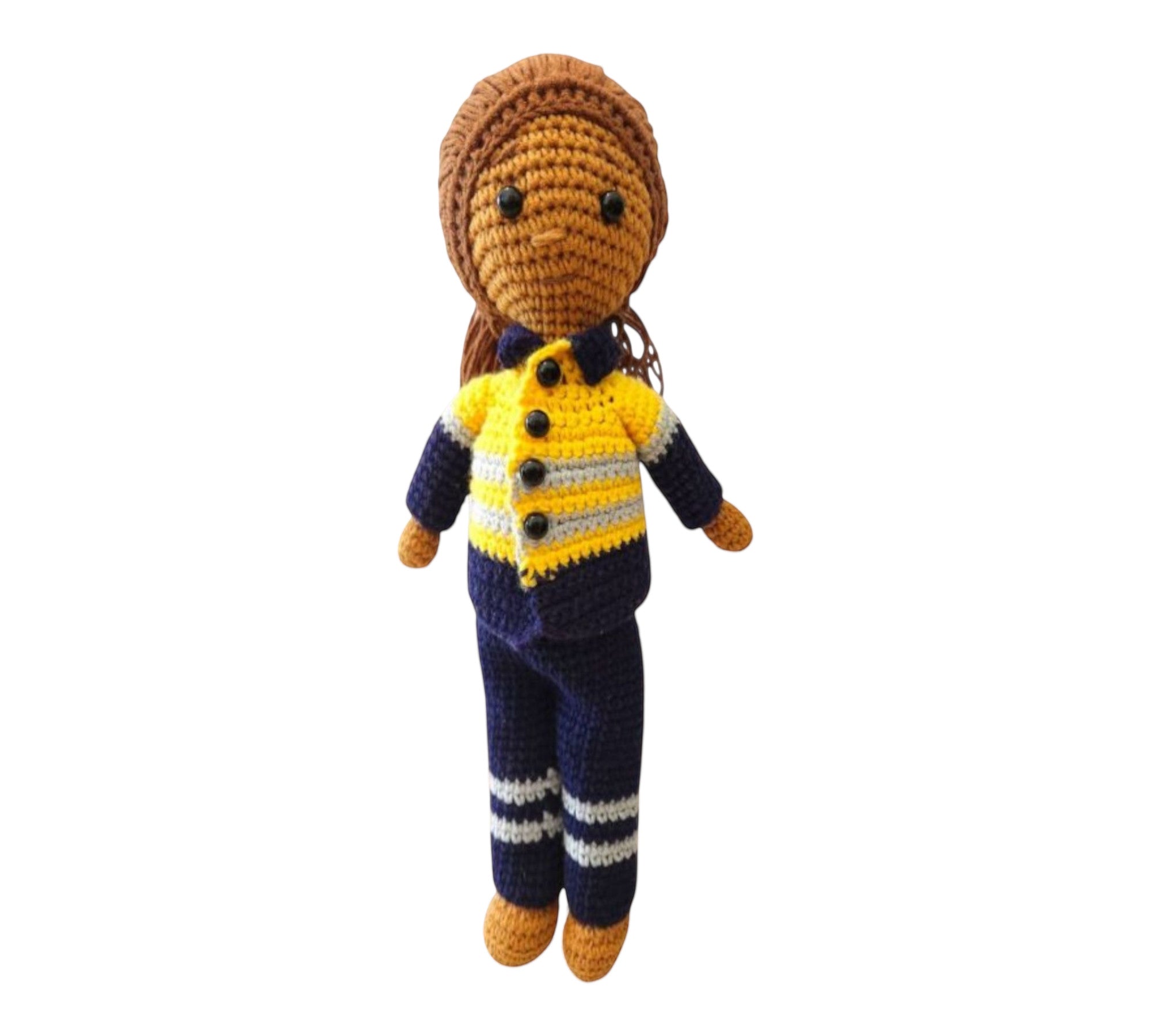 Suzie's Sunshine Dolls Miner/Tradie doll in yellow hi-vis, navy pants, and brown boots. Handmade crochet.
