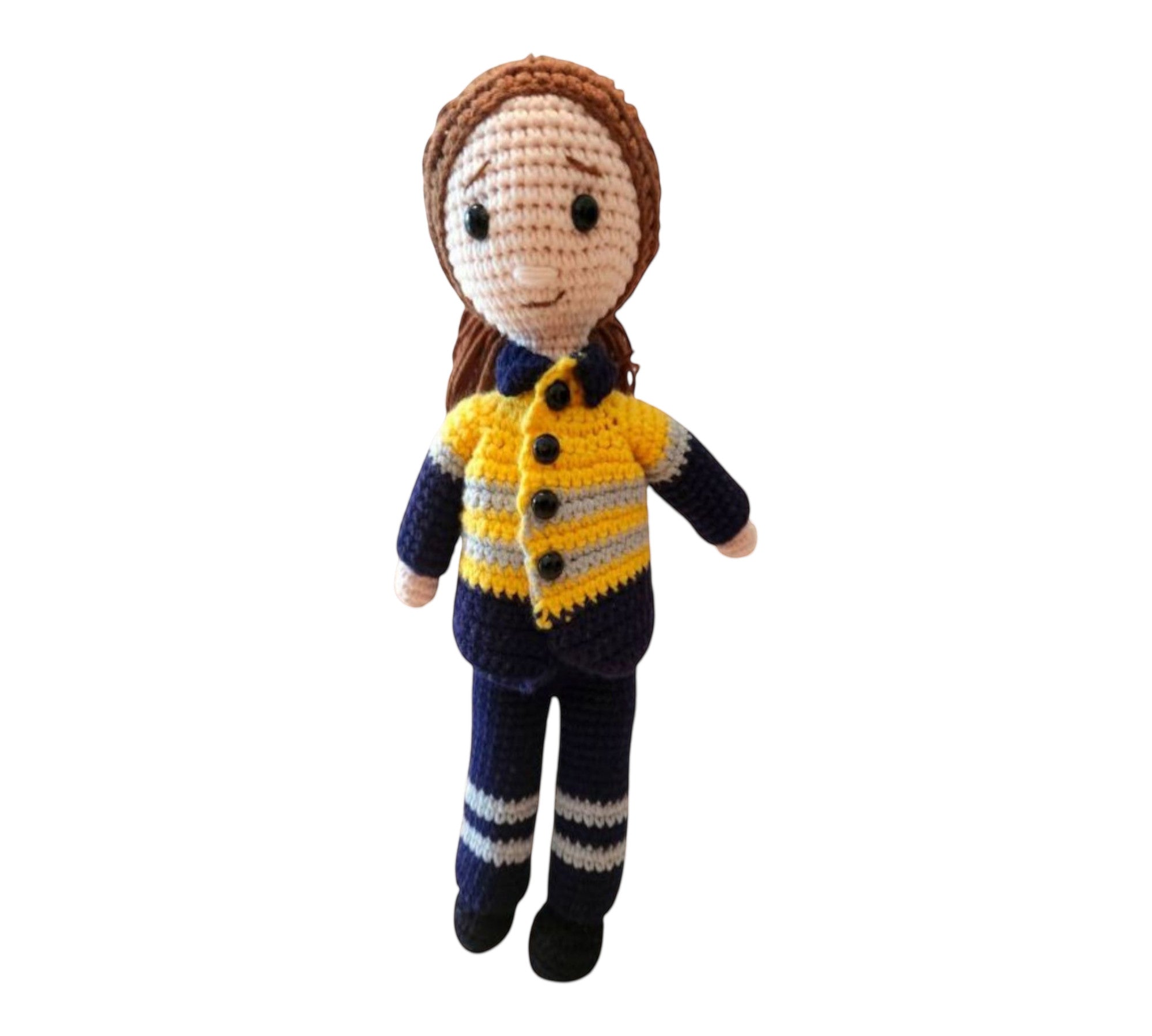 Suzie's Sunshine Dolls Miner/Tradie doll in yellow hi-vis jacket and navy pants, crocheted by hand.