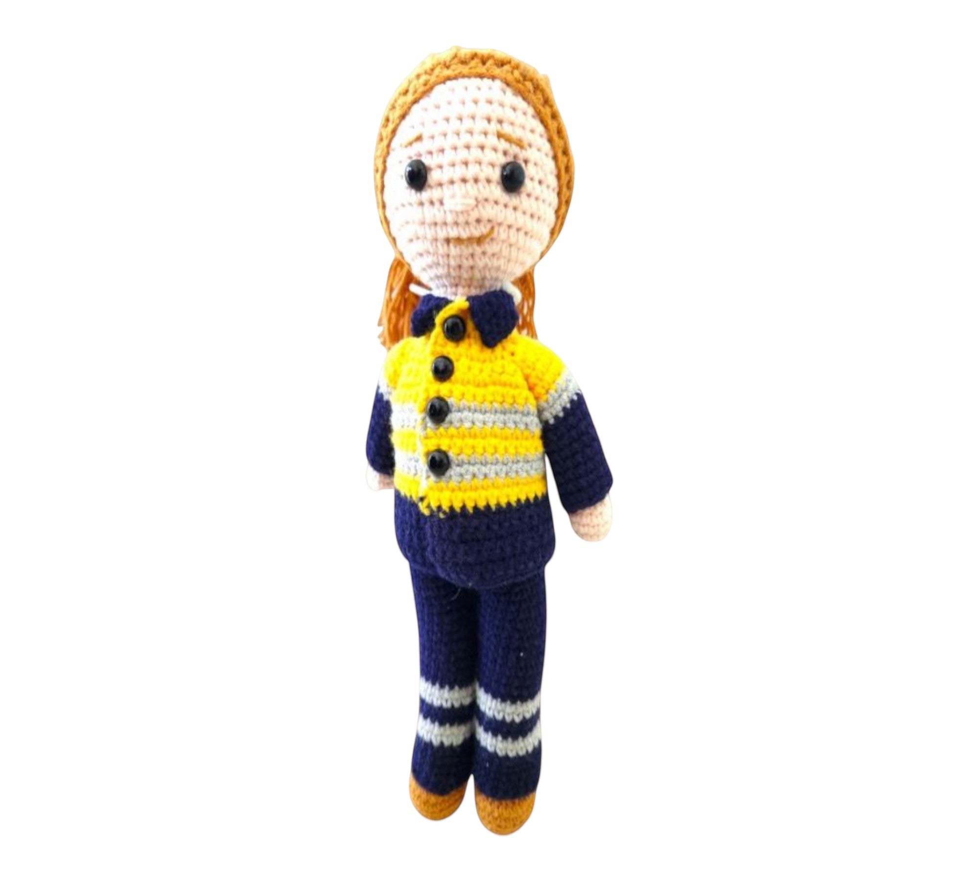 Suzie's Sunshine Dolls Miner/Tradie doll in yellow hi-vis, navy pants, and striped socks. Handmade crochet toy.