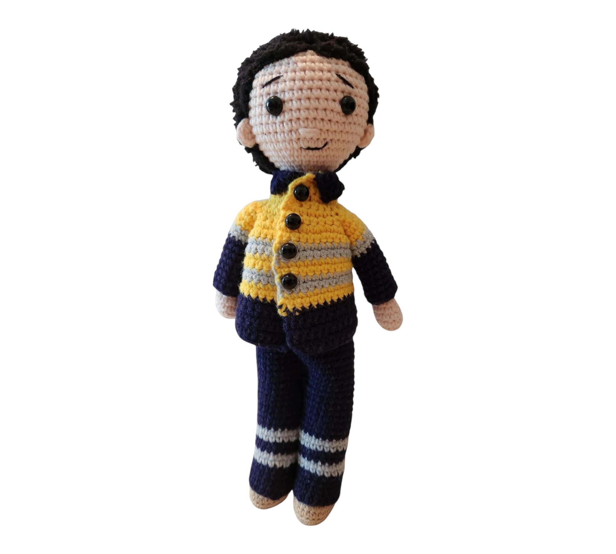Suzie's Sunshine Dolls Miner/Tradie doll in yellow hi-vis jacket and navy pants, crocheted by hand.