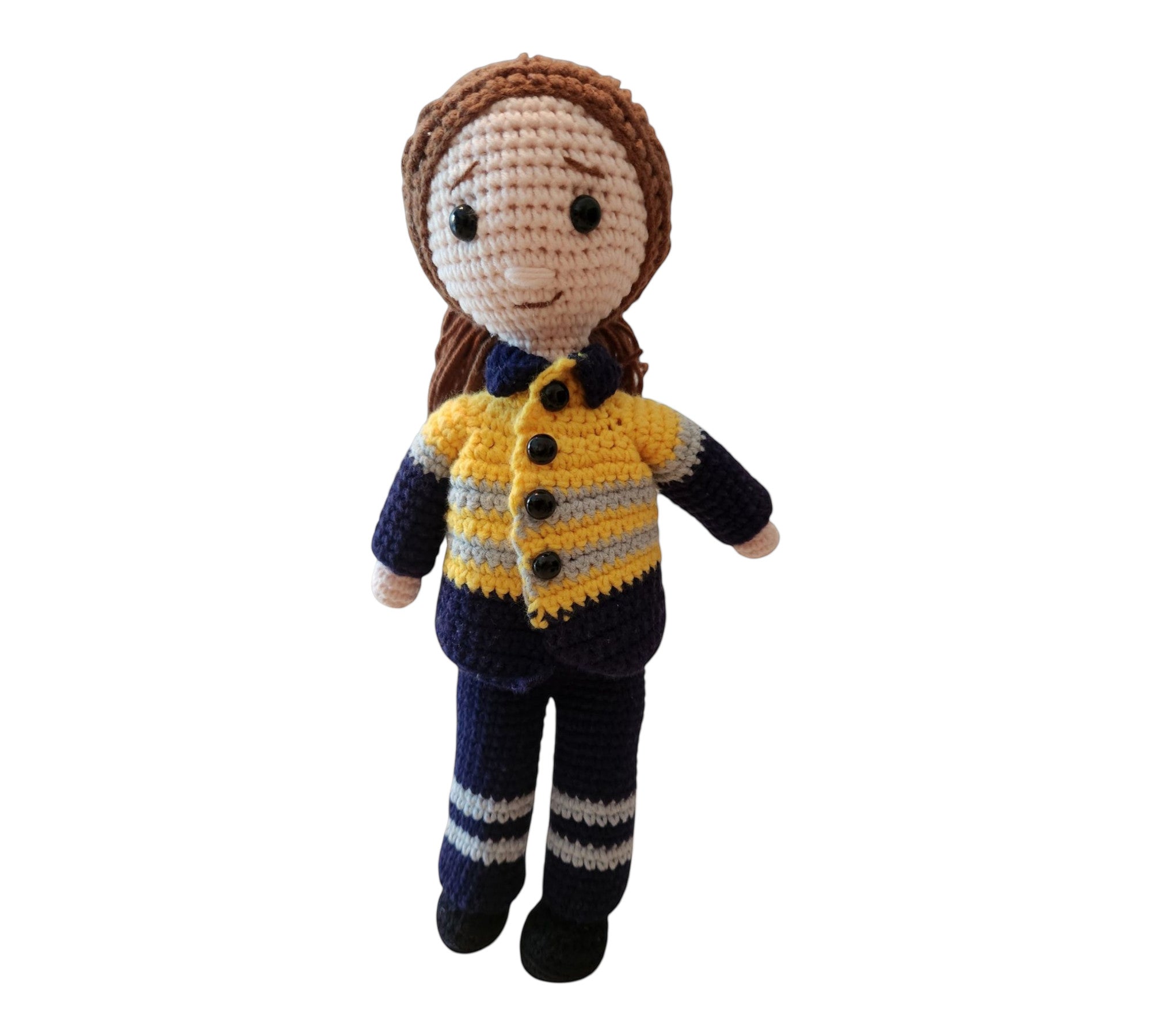 Suzie's Sunshine Dolls Miner/Tradie doll in yellow hi-vis jacket and navy pants, crocheted by hand.