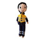 Suzie's Sunshine Dolls Miner/Tradie doll in yellow hi-vis jacket and navy pants, crocheted by hand.