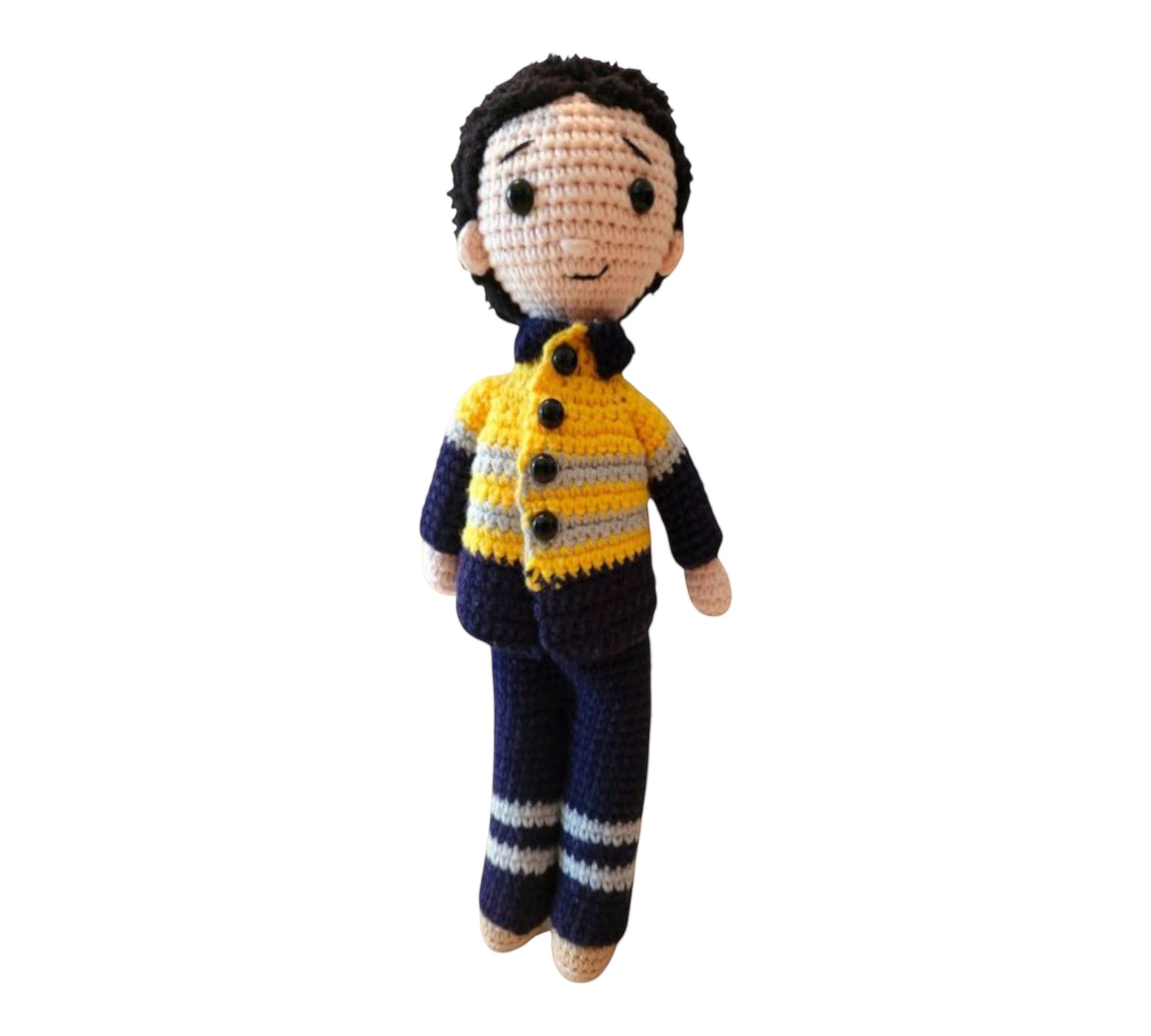 Suzie's Sunshine Dolls Miner/Tradie doll in yellow hi-vis jacket and navy pants, crocheted by hand.