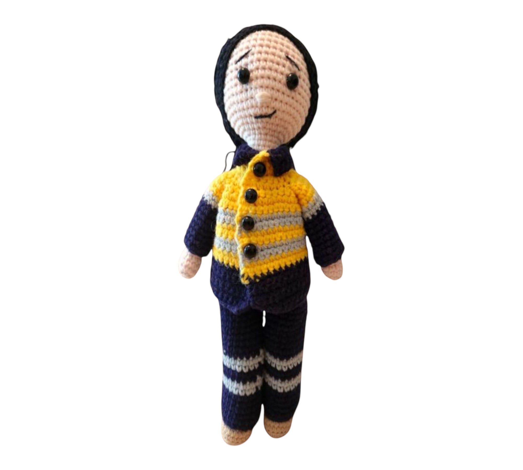 Suzie's Sunshine Dolls Miner/Tradie doll in yellow hi-vis jacket and navy pants, crocheted by hand.