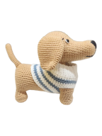Suzie's Sunshine Dolls handmade tan yarn miniature dachshund with blue and white striped jumper.