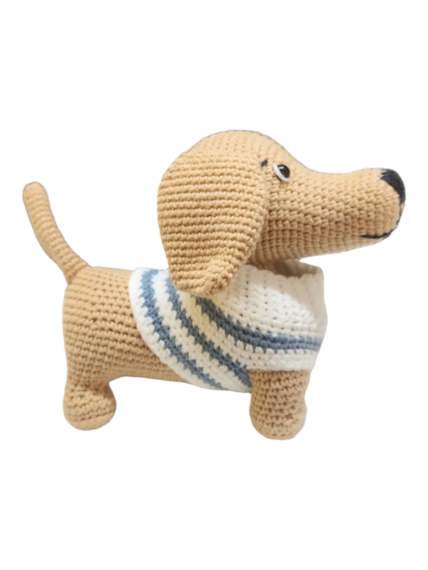 Suzie's Sunshine Dolls handmade tan yarn miniature dachshund with blue and white striped jumper.
