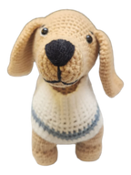 Suzie's Sunshine Dolls handmade tan yarn miniature dachshund with floppy ears wearing a striped jumper.