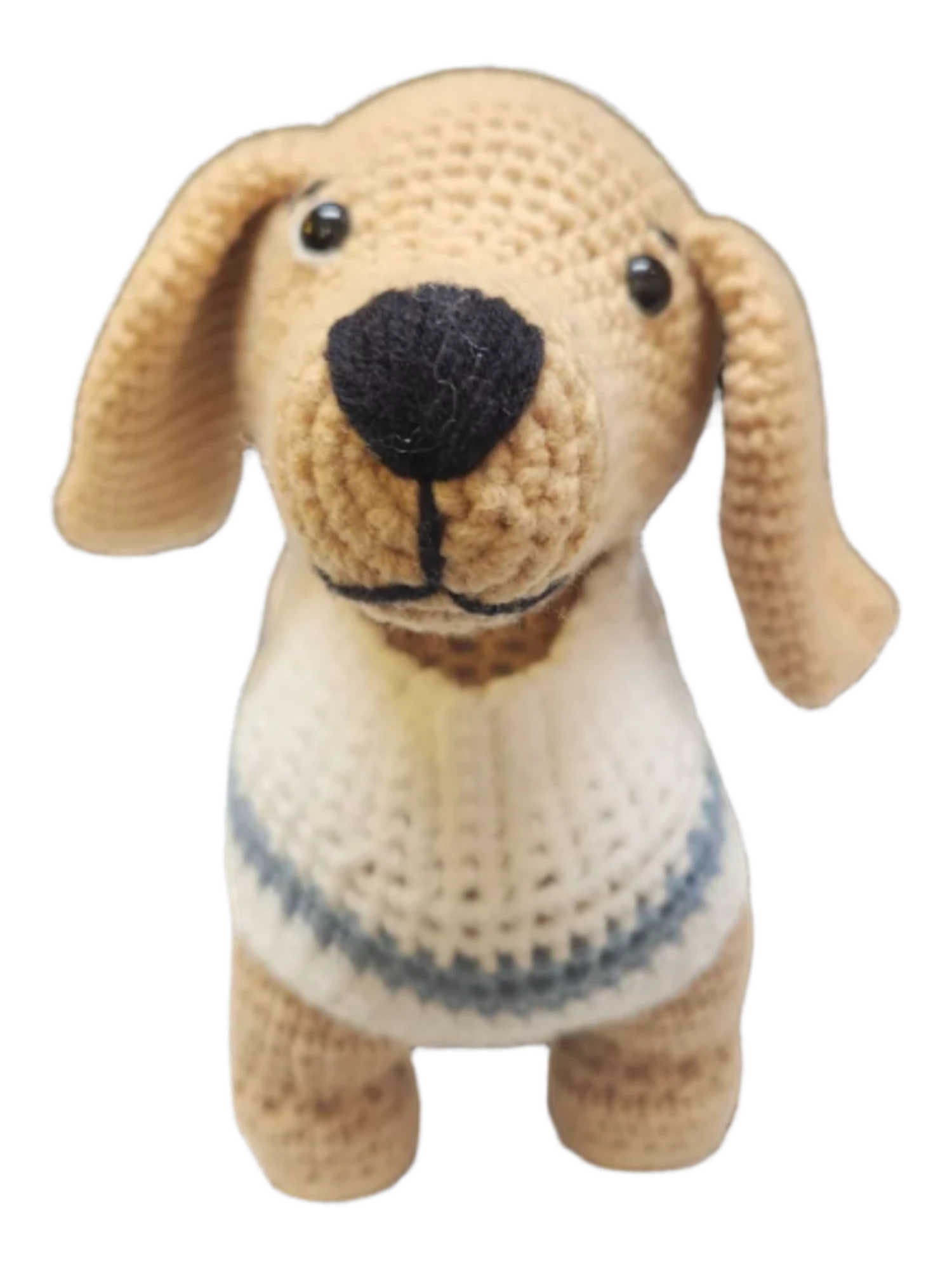 Suzie's Sunshine Dolls handmade tan yarn miniature dachshund with floppy ears wearing a striped jumper.