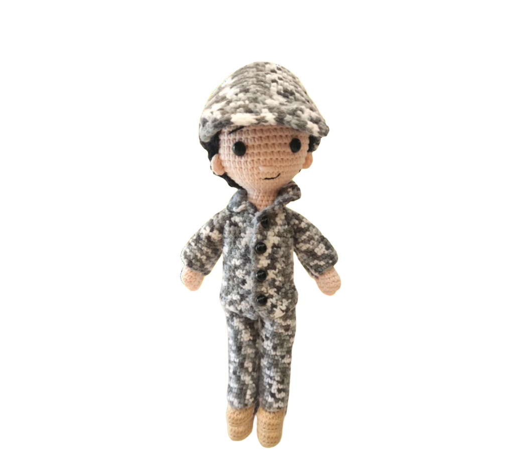 Suzie's Sunshine Dolls Navy doll in camouflage uniform and cap, crocheted with yarn. Approx. 28-30cm tall.