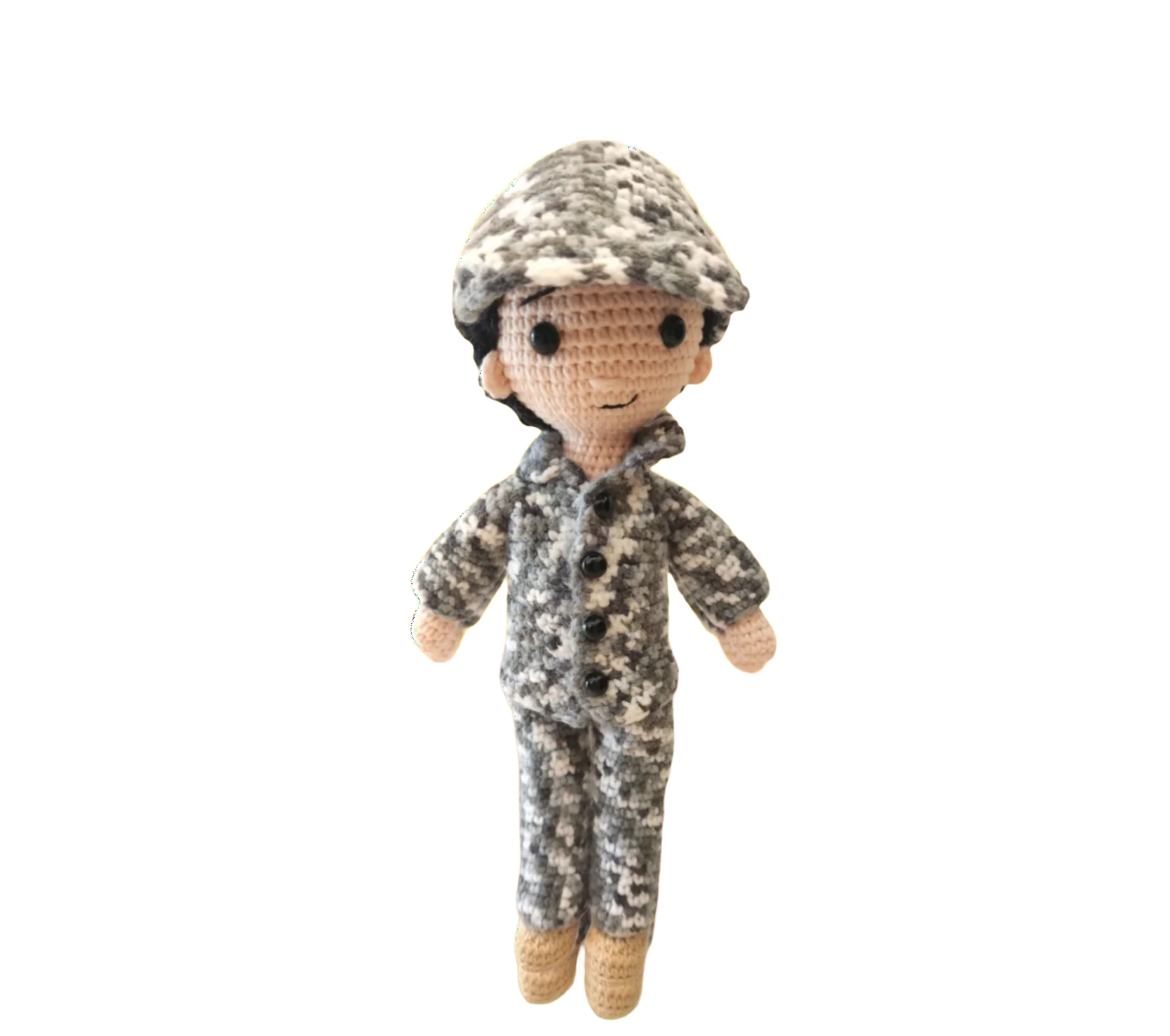 Suzie's Sunshine Dolls Navy doll in camouflage uniform and cap, crocheted with yarn. Approx. 28-30cm tall.