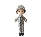 Suzie's Sunshine Dolls Navy doll in camouflage uniform and cap, crocheted from yarn. Approx. 28-30cm tall.