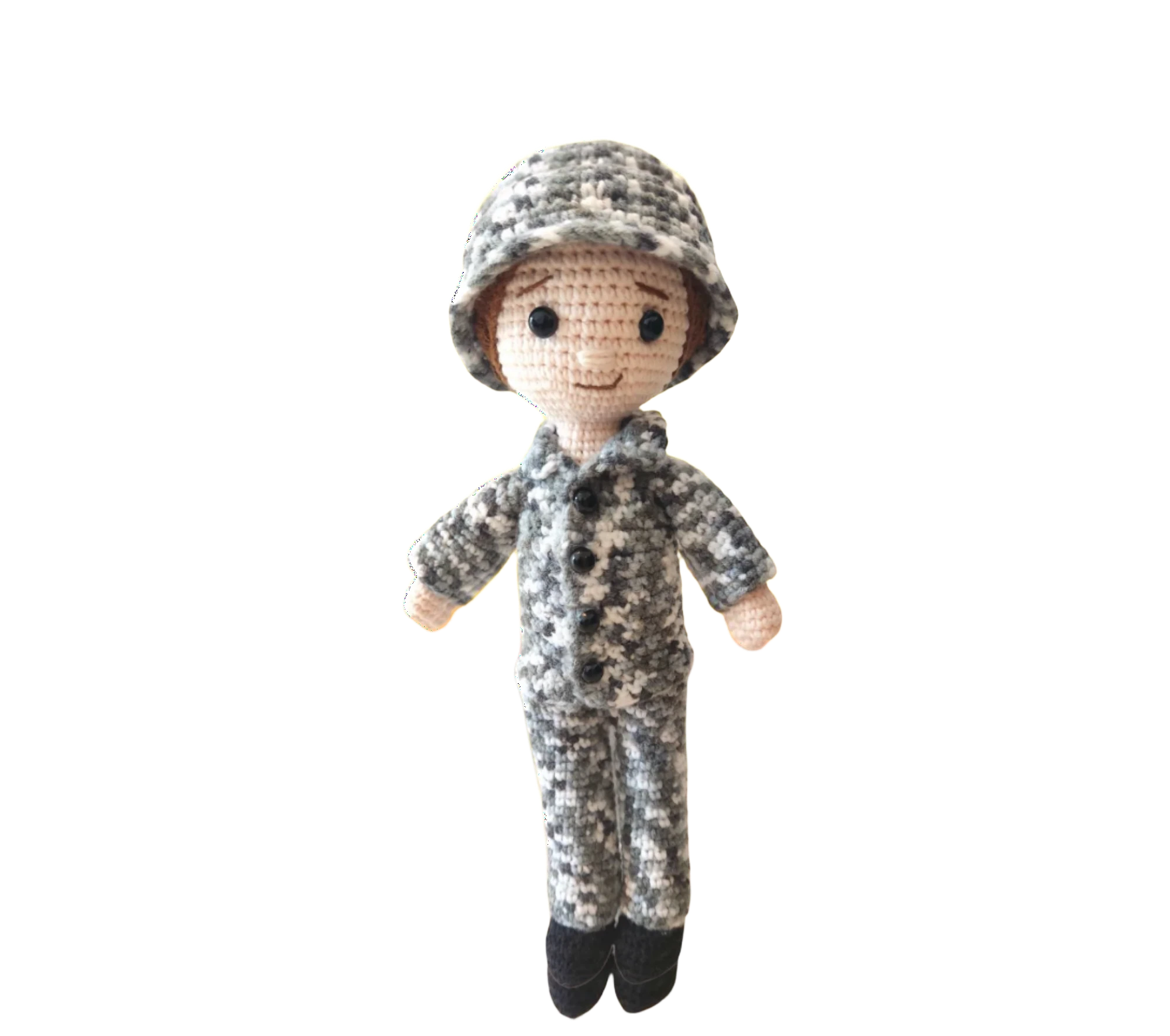 Suzie's Sunshine Dolls Navy doll in camouflage uniform and cap, crocheted from yarn. Approx. 28-30cm tall.