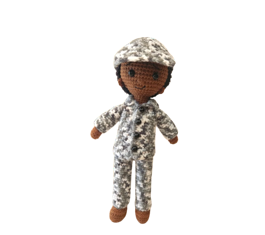 Suzie's Sunshine Dolls Navy doll, crocheted in camouflage uniform and cap. Approx. 28-30cm tall.