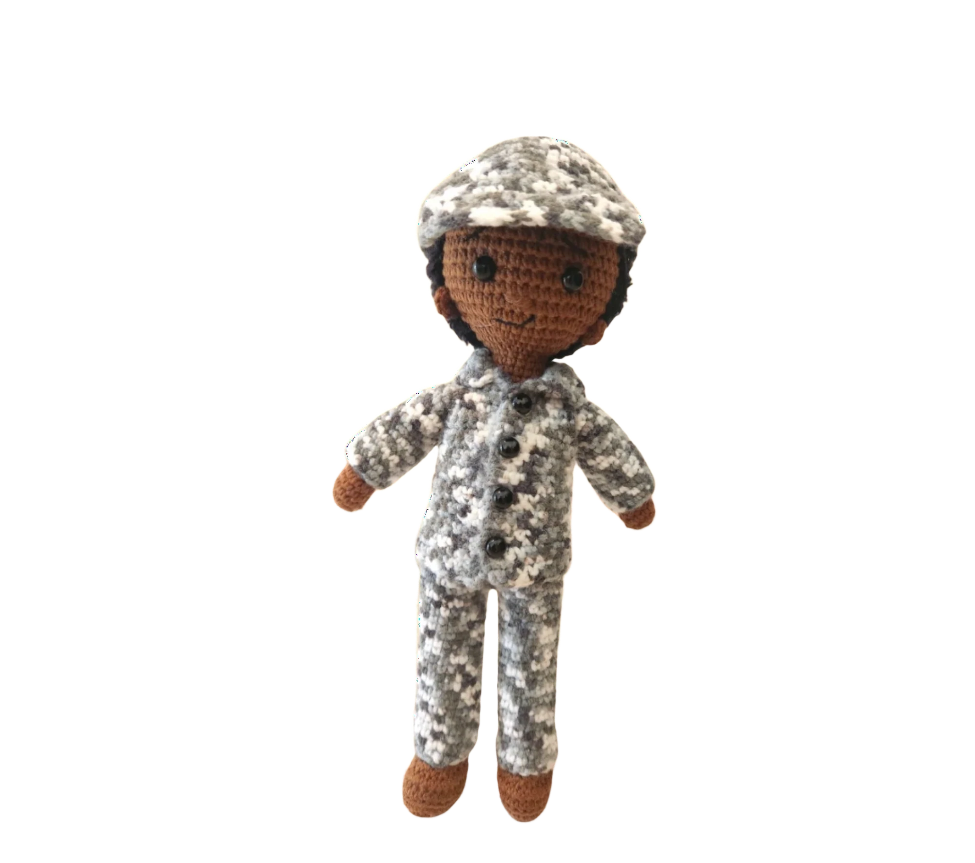 Suzie's Sunshine Dolls Navy doll, crocheted in camouflage uniform and cap. Approx. 28-30cm tall.