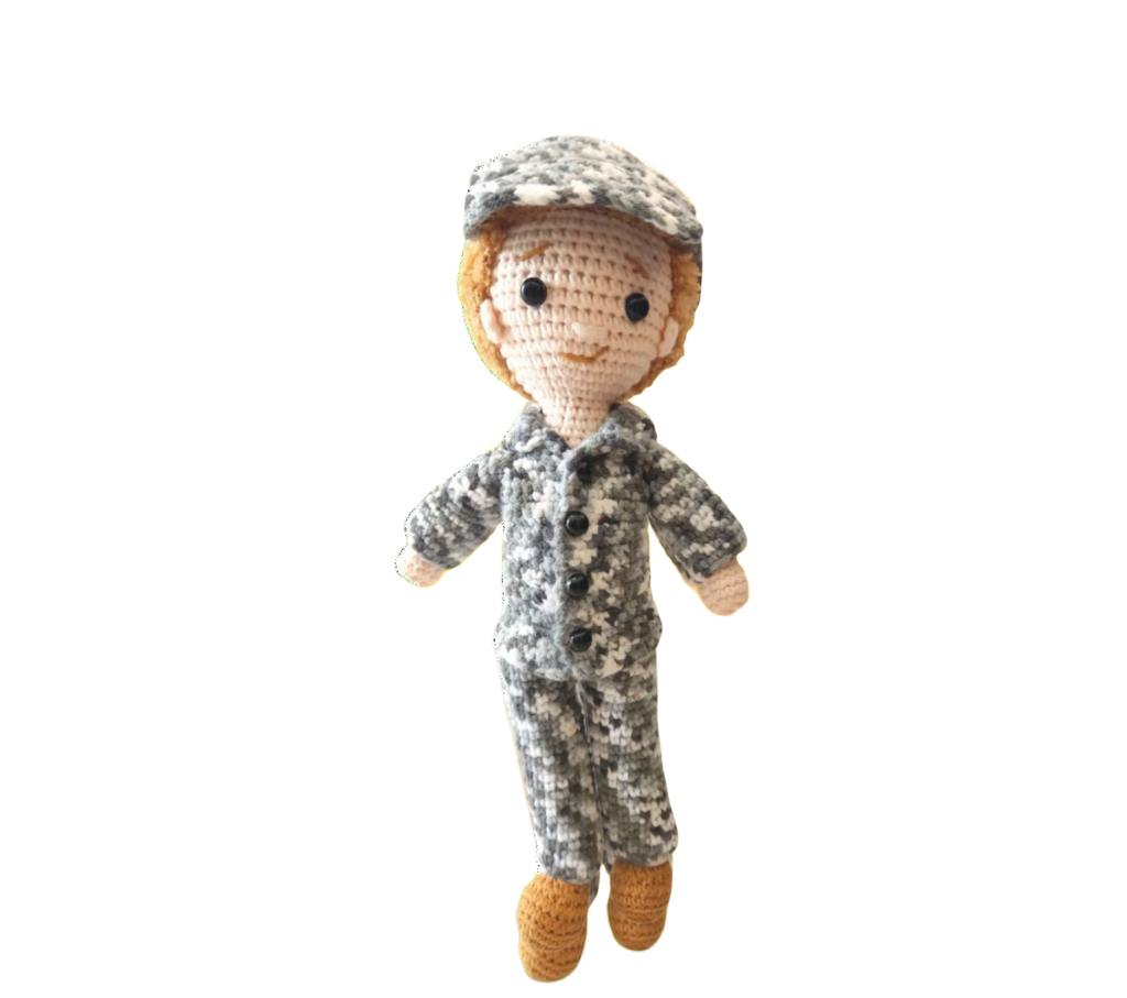 Suzie's Sunshine Dolls Navy doll in camouflage uniform and cap, crocheted from yarn. Approx. 28-30cm tall.