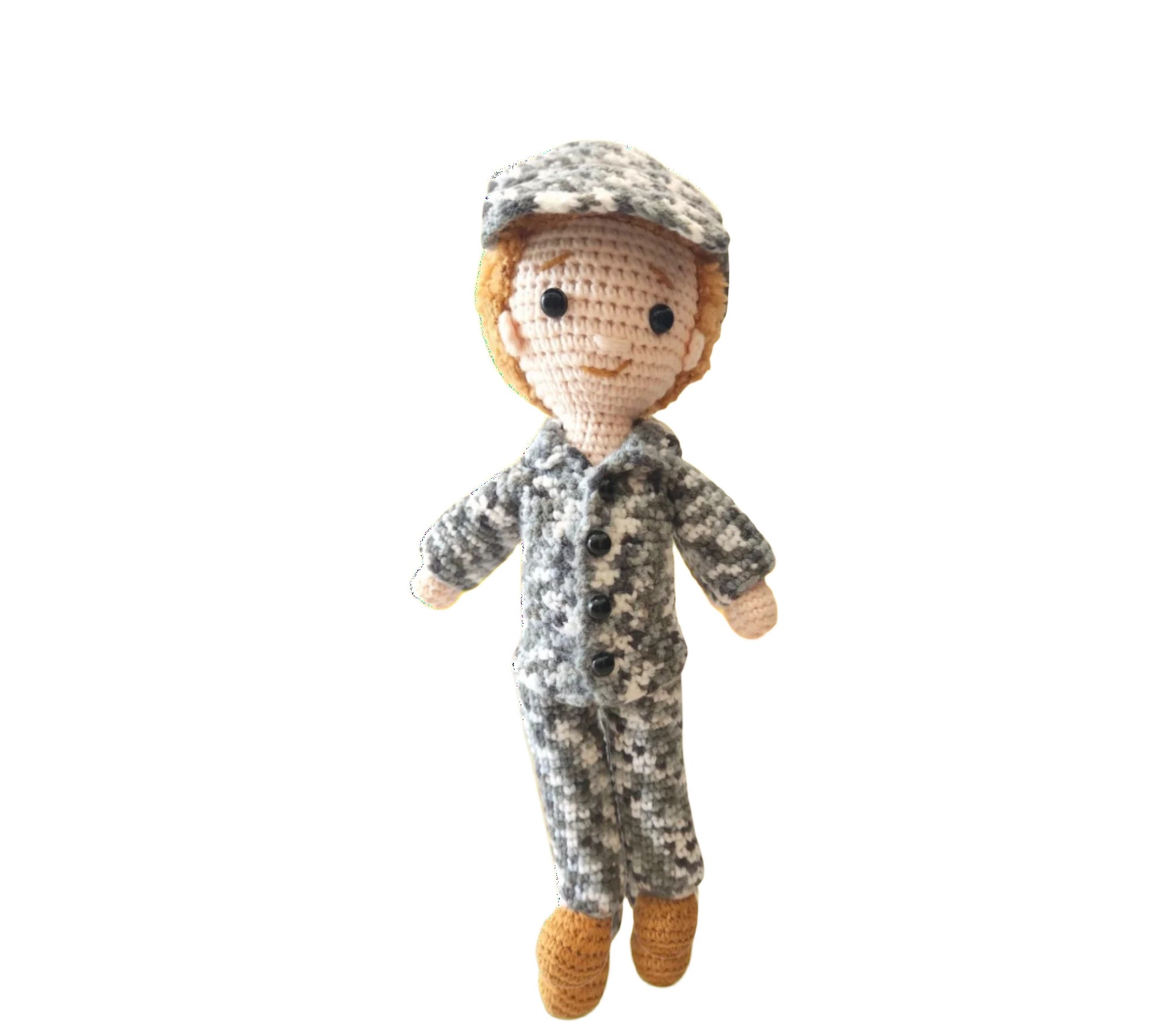 Suzie's Sunshine Dolls Navy doll in camouflage uniform and cap, crocheted from yarn. Approx. 28-30cm tall.