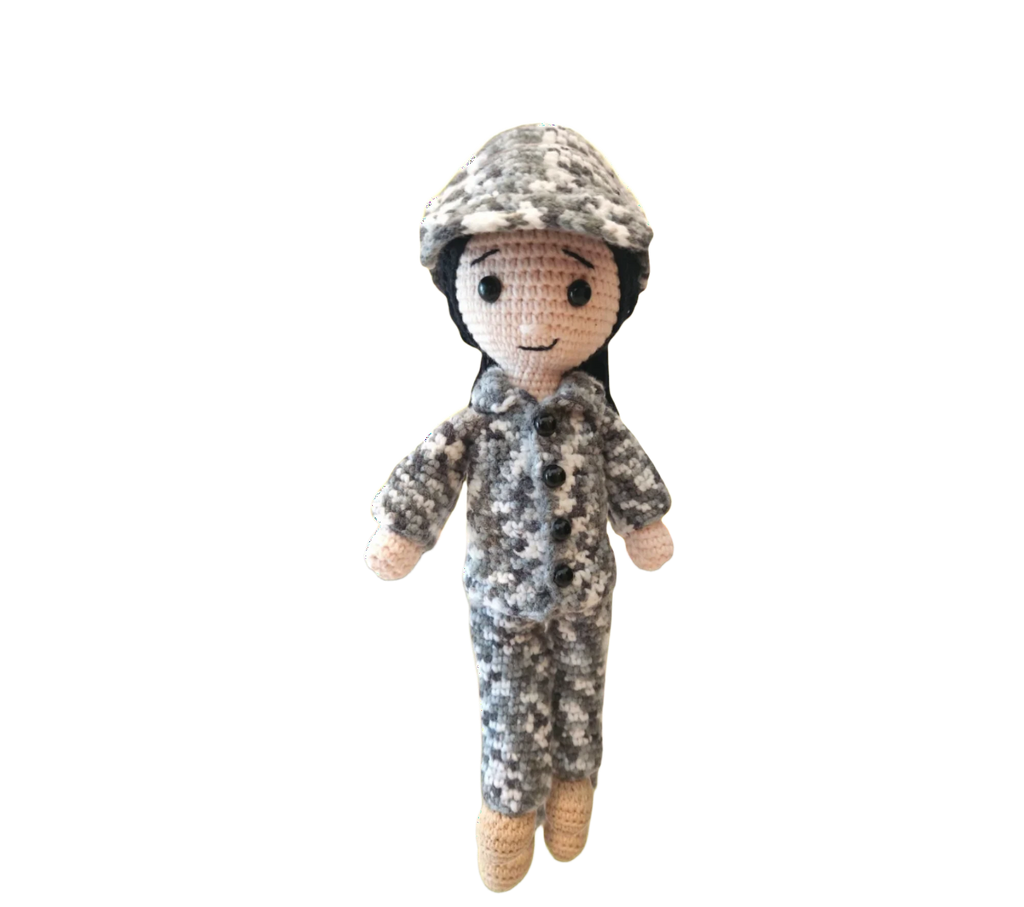 Suzie's Sunshine Dolls Navy doll in crocheted camouflage uniform with black buttons and cap. Approx. 28-30cm tall.