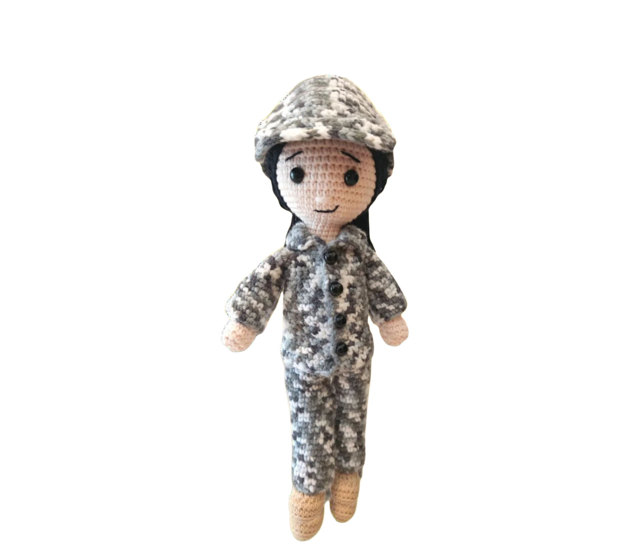 Suzie's Sunshine Dolls Navy doll in crocheted camouflage uniform with black buttons and cap. Approx. 28-30cm tall.