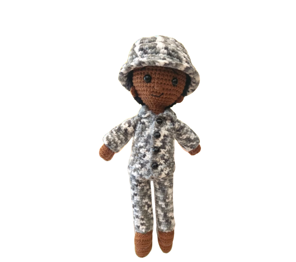 Suzie's Sunshine Dolls Navy doll in camouflage uniform and hat, crocheted from yarn. Approx. 28-30cm tall.