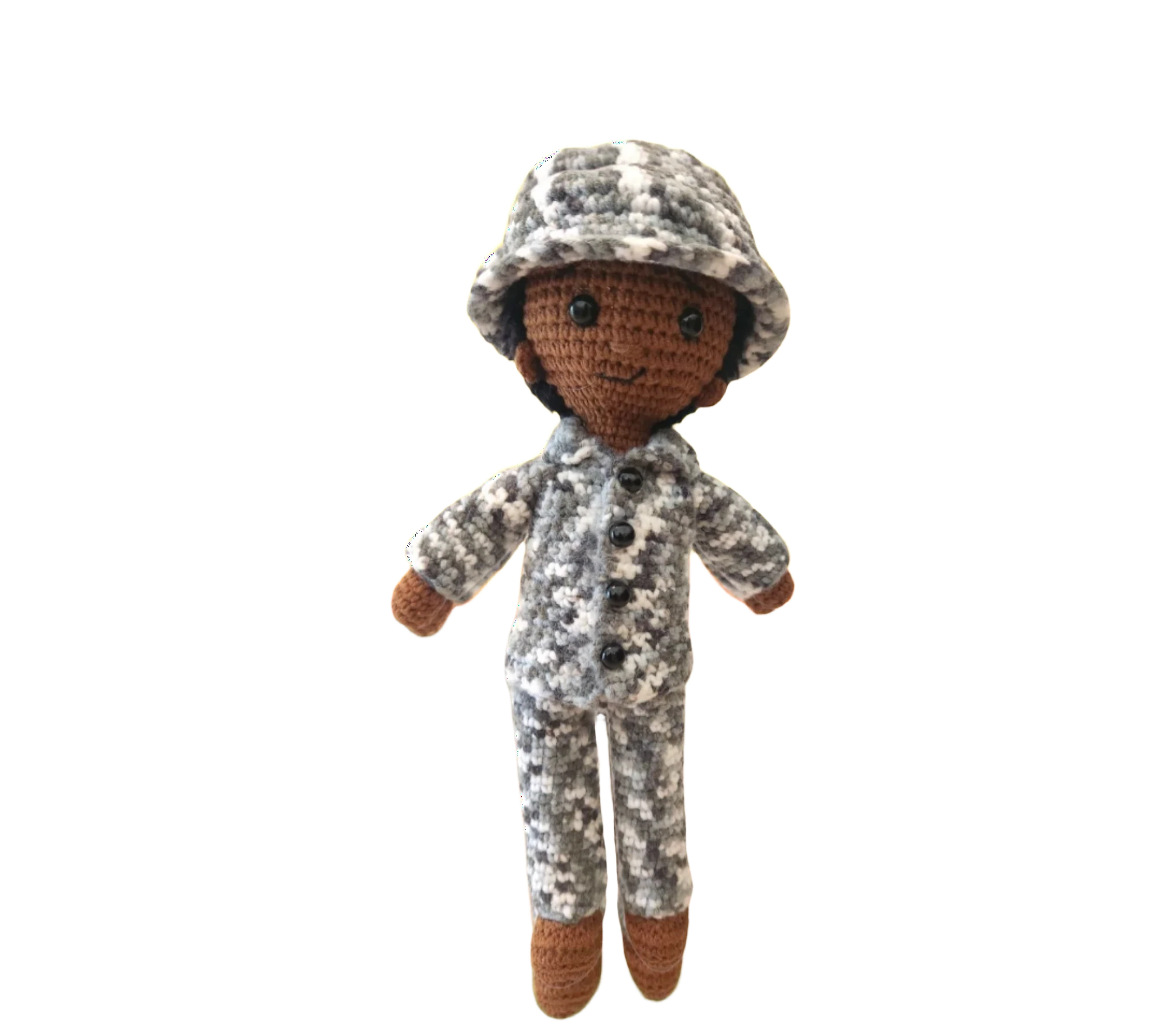 Suzie's Sunshine Dolls Navy doll in camouflage uniform and hat, crocheted from yarn. Approx. 28-30cm tall.