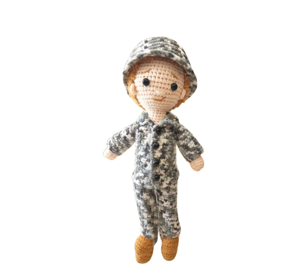 Suzie's Sunshine Dolls Navy doll in camouflage uniform and cap, crocheted with yarn. Approx. 28-30cm tall.