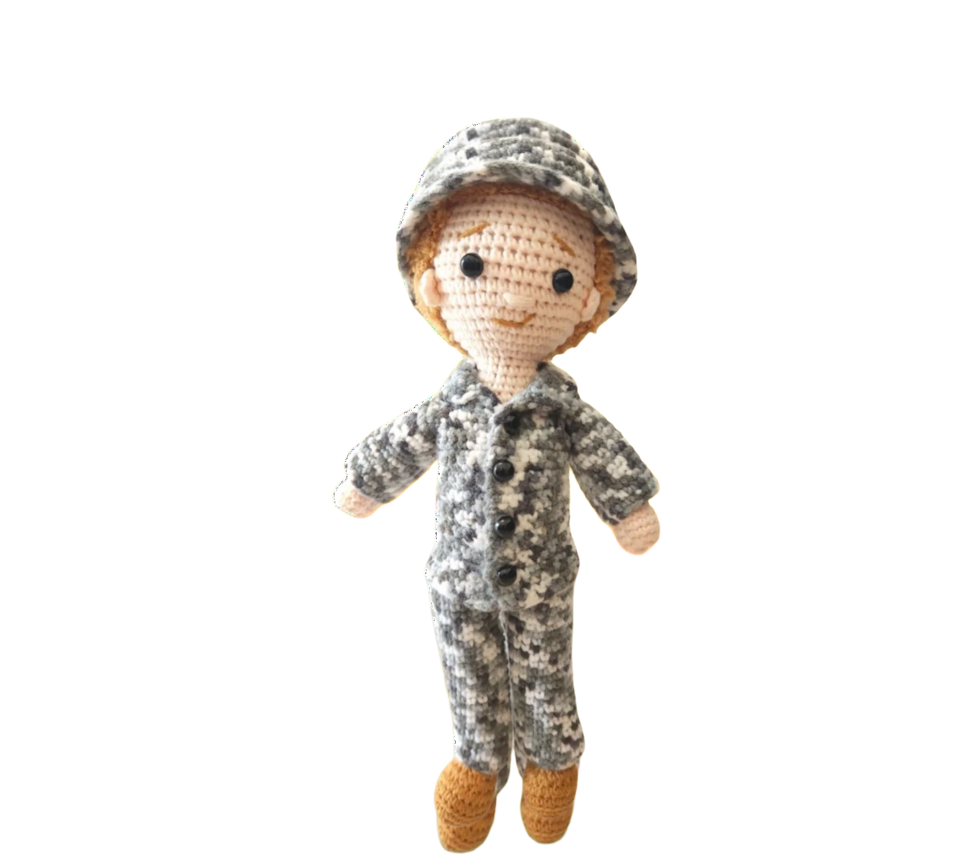 Suzie's Sunshine Dolls Navy doll in camouflage uniform and cap, crocheted with yarn. Approx. 28-30cm tall.