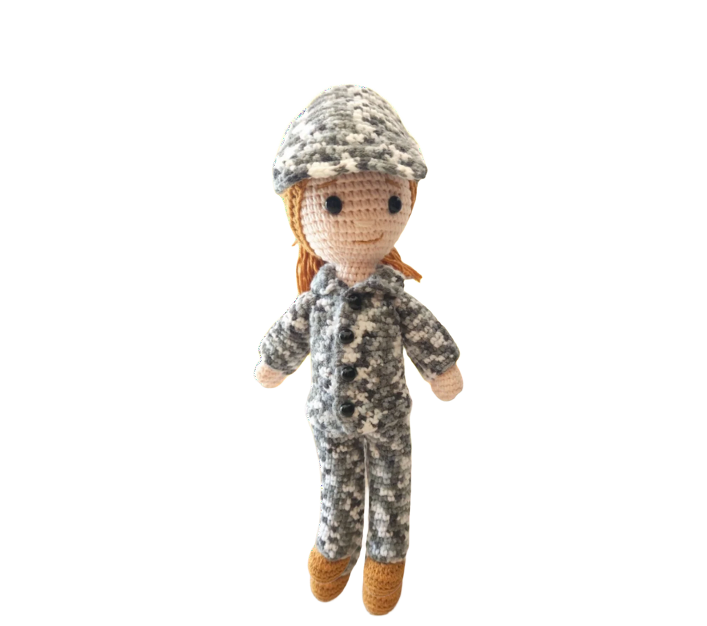 Suzie's Sunshine Dolls Navy doll in crocheted camouflage uniform and cap. Handmade yarn toy, approx. 28-30cm tall.