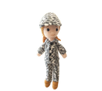 Suzie's Sunshine Dolls Navy doll in crocheted camouflage uniform and cap. Handmade yarn toy, approx. 28-30cm tall.