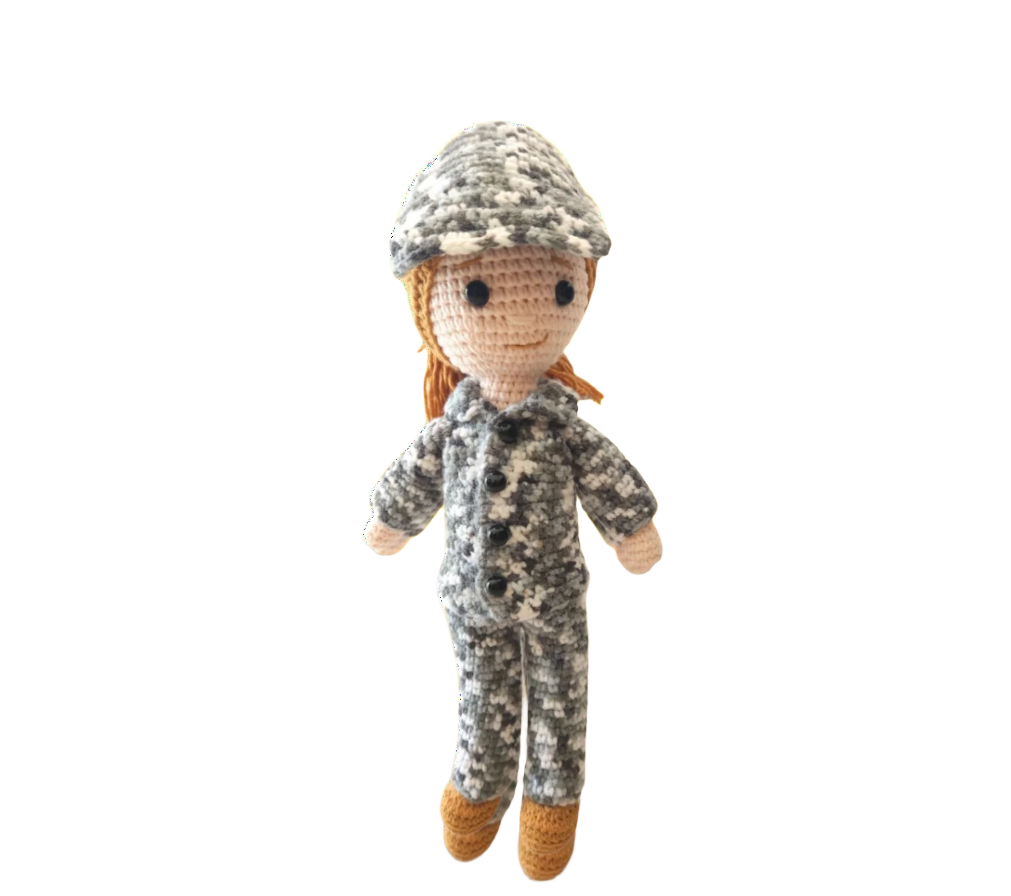 Suzie's Sunshine Dolls Navy doll in crocheted camouflage uniform and cap. Handmade yarn toy, approx. 28-30cm tall.