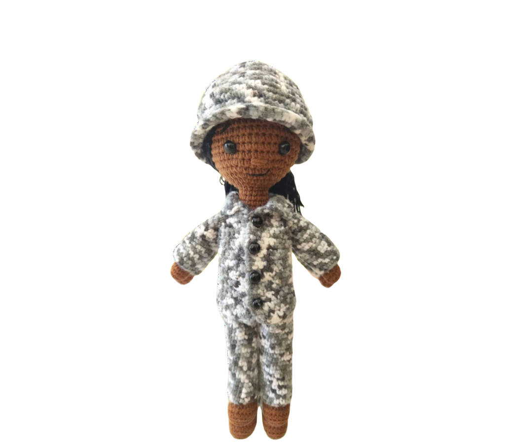 Suzie's Sunshine Dolls Navy doll in camouflage uniform and cap, crocheted from yarn. Approx. 28-30cm tall.