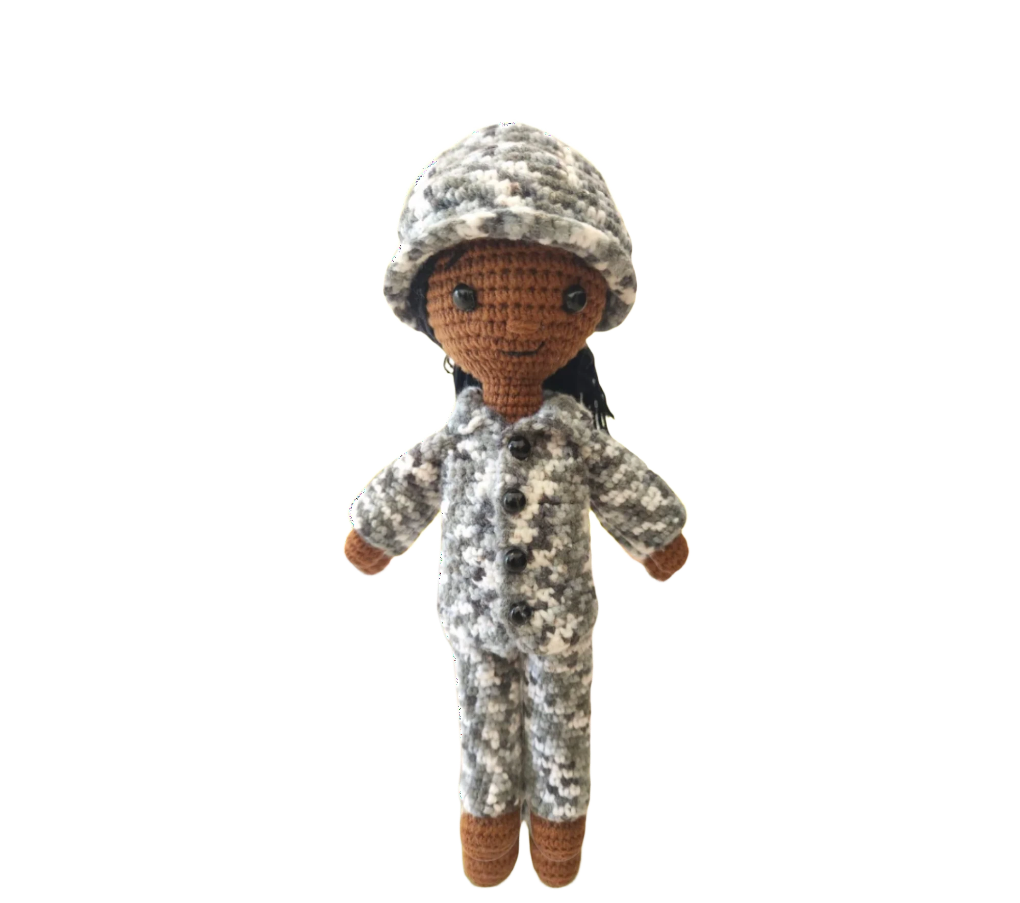 Suzie's Sunshine Dolls Navy doll in camouflage uniform and cap, crocheted from yarn. Approx. 28-30cm tall.