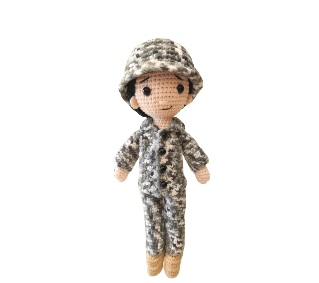 Suzie's Sunshine Dolls Navy doll in camouflage uniform and cap, crocheted from yarn. Approx. 28-30cm tall.