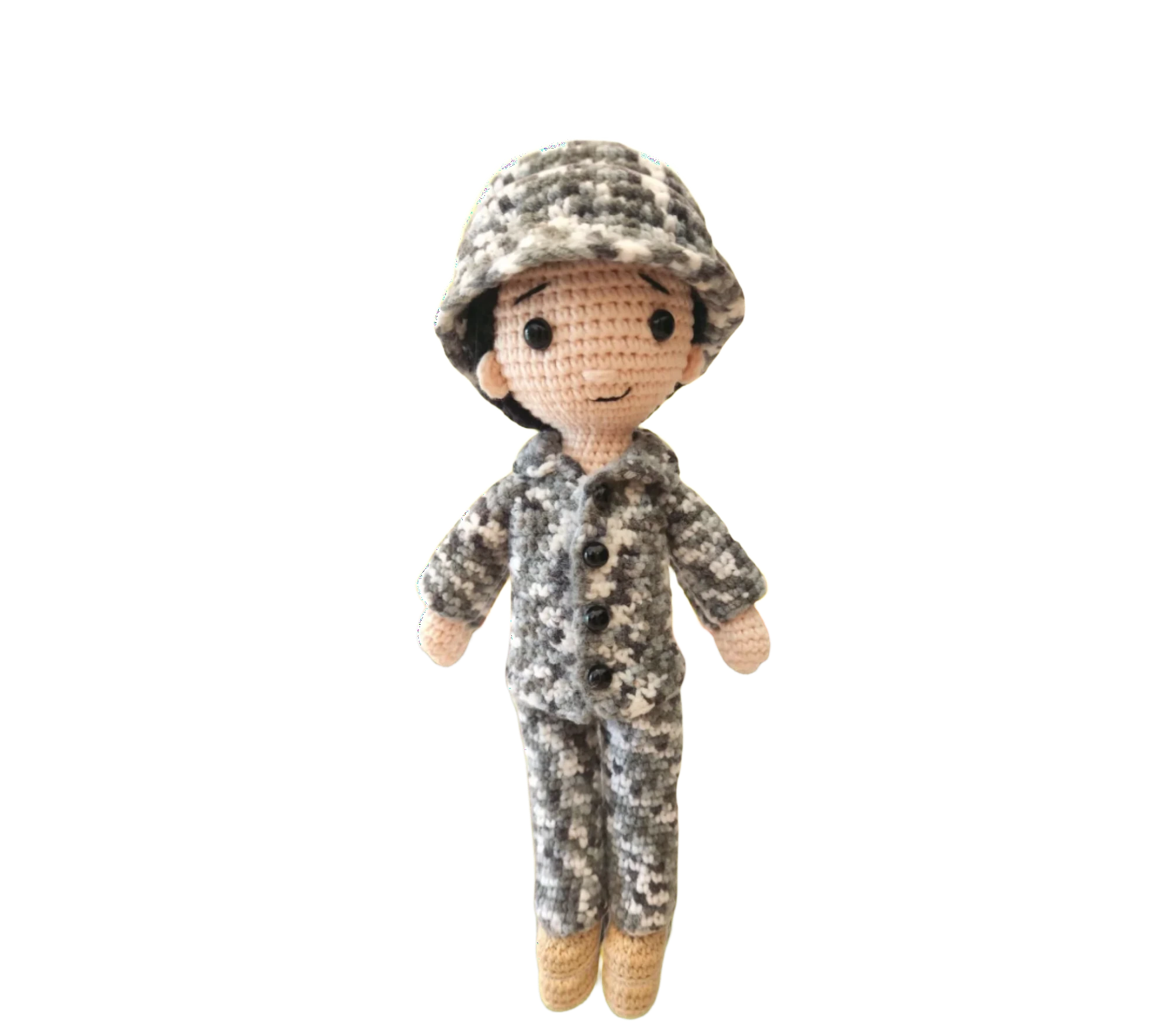 Suzie's Sunshine Dolls Navy doll in camouflage uniform and cap, crocheted from yarn. Approx. 28-30cm tall.