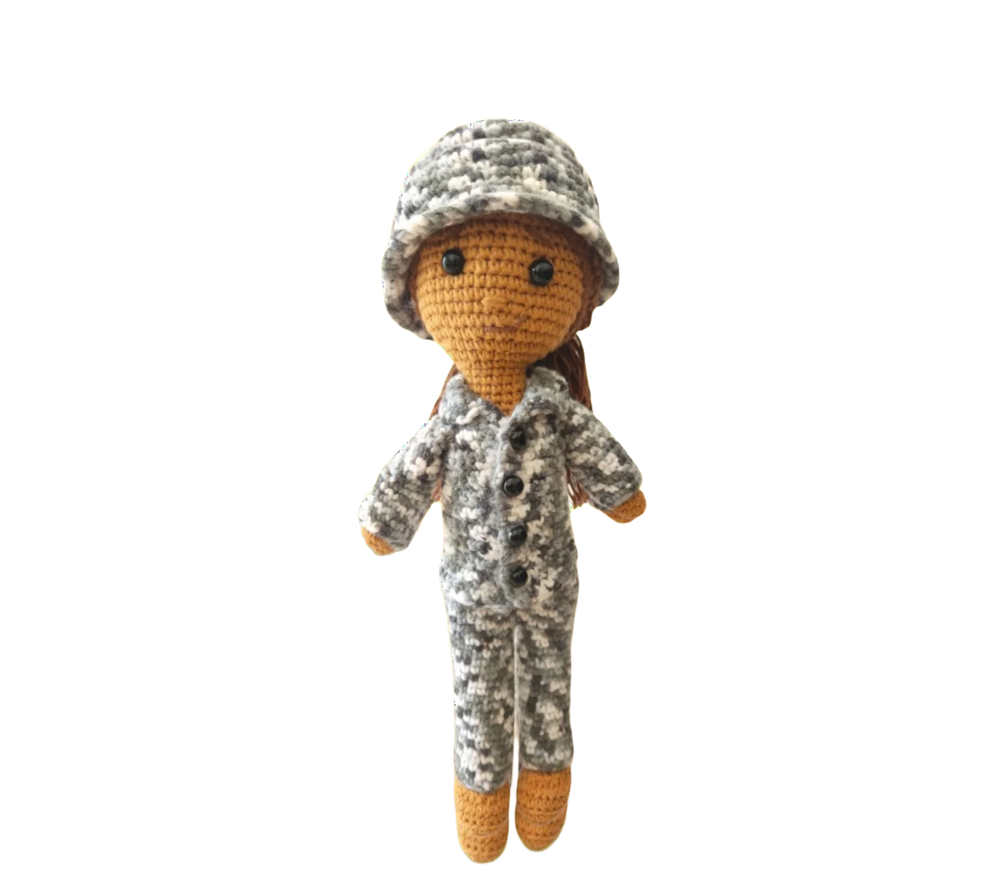 Suzie's Sunshine Dolls Navy doll in camouflage uniform and helmet, crocheted from yarn. Approx. 28-30cm tall.