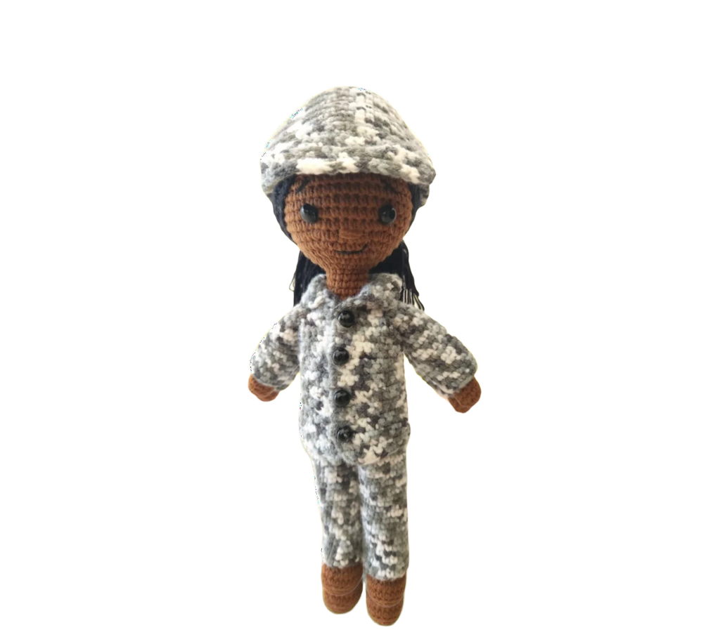 Suzie's Sunshine Dolls Navy doll in camouflage uniform and cap, crocheted with yarn. Approx. 28-30cm tall.