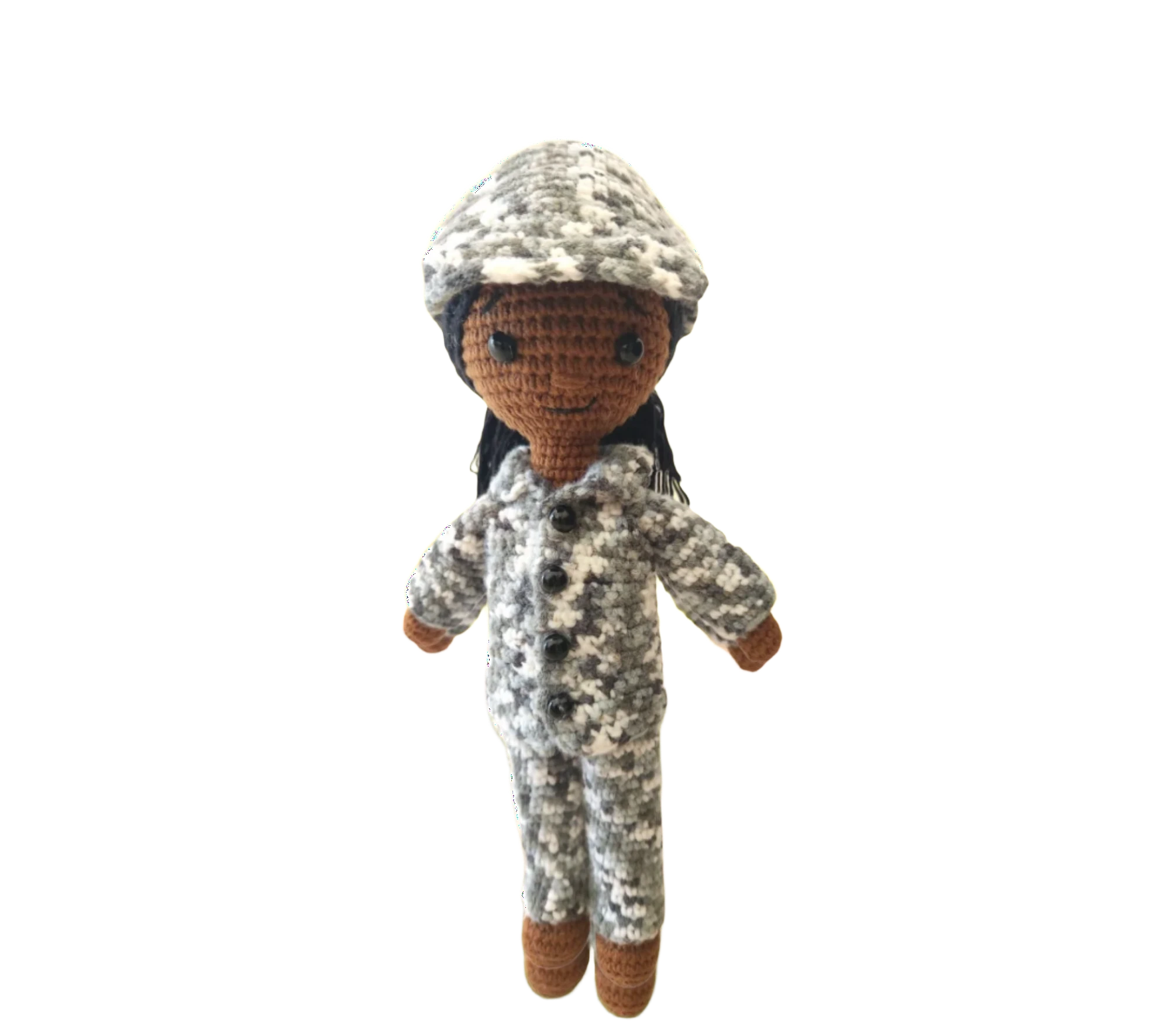 Suzie's Sunshine Dolls Navy doll in camouflage uniform and cap, crocheted with yarn. Approx. 28-30cm tall.