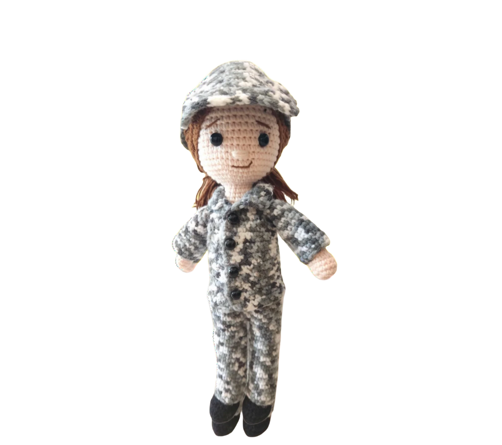Suzie's Sunshine Dolls Navy doll in camouflage uniform and cap, crocheted from yarn. Approx. 28-30cm tall.