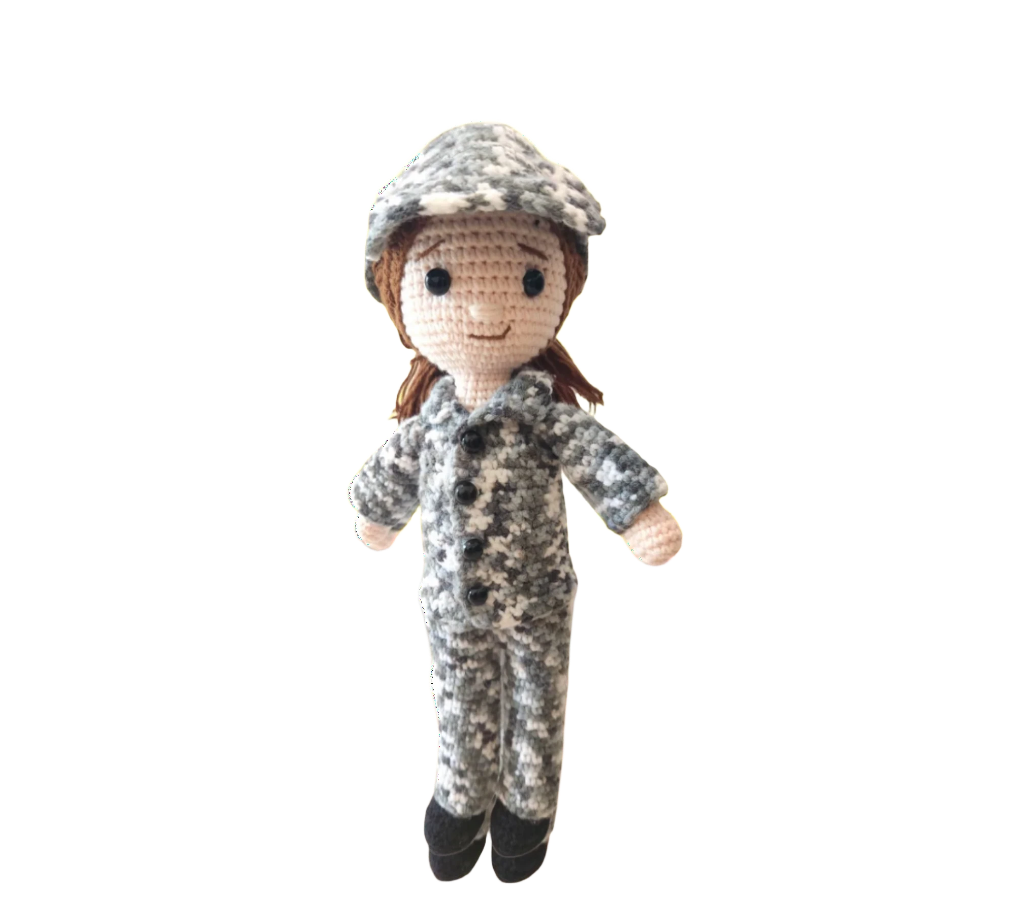 Suzie's Sunshine Dolls Navy doll in camouflage uniform and cap, crocheted from yarn. Approx. 28-30cm tall.
