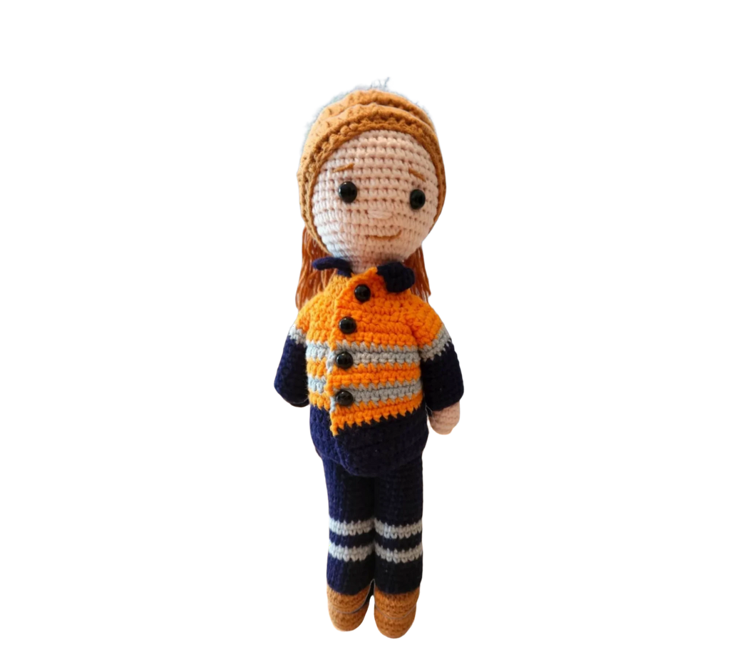Suzie's Sunshine Dolls orange hi-vis miner/tradie doll, crocheted with navy and grey stripes. Approx 28-30cm.