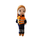 Suzie's Sunshine Dolls orange hi-vis miner/tradie doll, crocheted with navy and grey stripes. Approx 28-30cm.